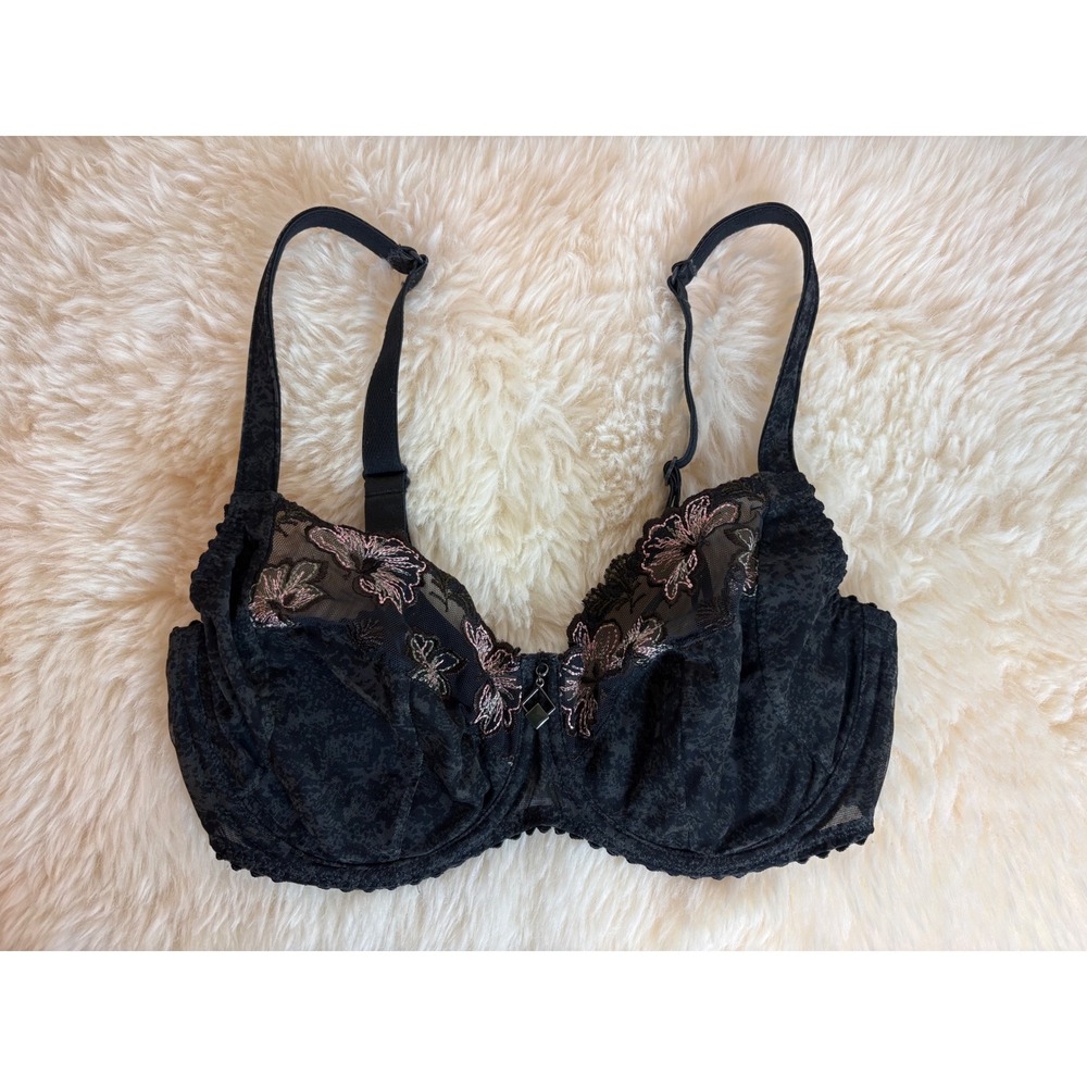 Prima Donna Black Floral Embroidered Underwire Bra 34D Full Coverage 0163130